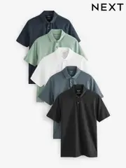 Navy/Black/Grey/White/Sage Green Slim Fit Short Sleeve Jersey Polo Shirts 5 Pack (E33489) | $106