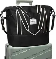 [DMLuna] Travel Duffel Bag, Tote Sports Gym Bag, Shoulder Overnight Weekender Bag for Women & Men, Hospital bag, Expandable Duffel Bag with Trolley Sleeve/Wet Pocket, Black