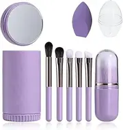 WET SKY - Travel Makeup Brush Set 6 pieces, easily taken Compact Full-Featured Makeup Brush Set with Mirror and Holder (purple) And 1 Free Makeup Sponge.