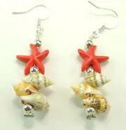 Red Howlite Starfish Earrings with Shells Handmade Jewelry