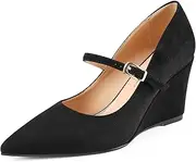 [Z.Oufeier] Womens Pointy Toe Suede Buckle Ankle Strap Mary Jane Wedge High Heels Wedding Party Dress Business Pumps Shoes 3.4 Inches