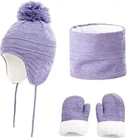 [リキシマウケ] Children Cap Set All Match Plush Ball Hat Circle Scarf Gloves Solid Color compatible with Party 1 Set