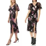 Adrianna Papell Foil Floral Stretch Mesh Flutter Sleeve Front Slit Midi Dress 6