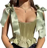 Solid Square Collar Patchwork Sleeveless Backless Lace Ribbons Corset Tops Summer Women