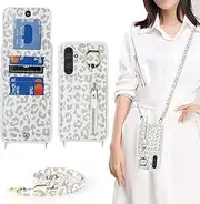 [Cavor] Vertical Flip Cover for Samsung Galaxy A54 5G Leather Case 6.4'' Crossbody Wallet Card Slots with 360°Rotation Ring Holder Kickstand & Long Shoulder Lanyard Strap-White Leopard
