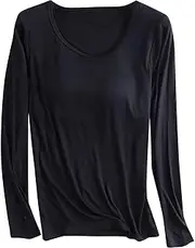 [DSAoTeng] Women's Basic Solid Crewneck Pullover Top with Built in Bra-Casual Comfy Slim Fit Tunic Fall Long Sleeve T-Shirt with Padding for Yoga Loungewear Wear