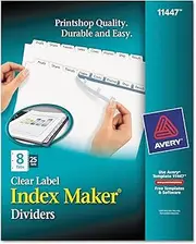 Avery 11447 Clear Label Index Maker Dividers, 8-Tab, White, Letter, 25 Sets/BX