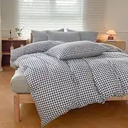 [NSNLGSGC] Navy Gingham Duvet Cover Set Queen, Dark Blue Grid Simple Geometric Square Pattern Comforter Cover,Soft Plaid Washed Microfiber Bedding Cover(3PCS,Queen)