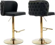 AADEN PU Swivel Counter Height Stools Set of 2 Faux Leather Upholstered Bar Stool Adjustable Bar Height Kitchen Island Stool Chairs Buttun Tufted with Gold Metal Legs (Black)