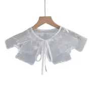 Split Dots Mesh Cape Women Embroidery Bowknot Sheer Lace-Up False Collar