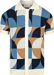 [OXKNIT] Vintage Polo Shirt for Men's Geometric Patterns Knitted Short Sleeve Poloshirt White Blue