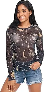 [RPLIFE] Starry Sky Black Sheer Shirts, Sexy Mesh Tops for Women S-XXL