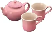 Le Creuset Teapot Set One Small Teapot and Two Mugs SS Rose Quartz with Box