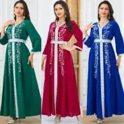 Muslim Beaded Embroidery Abaya Women Maxi Dress Belted Dubai Kaftan Party Gown