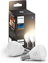 Philips Hue White E14 LED Bulbs in Teardrop Shape Pack of 2 (470 lm), Dimmable LED Bulbs for Hue Lighting System with Warm White Light, Smart Light Control via Voice and App