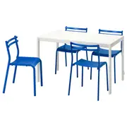 MELLTORP / GENESÖN table and 4 chairs, white white/metal blue, 125 cm
