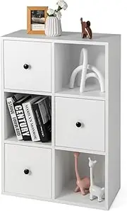 Giantex 3-Tier Bookshelf with 3 Cubes & 3 Drawers, Storage Organizer with Anti-toppling Device, 6-Cube Bookcase for Bedroom, Living Room, Study Room (White)