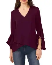Vince Camuto Chiffon V-Neck Blouse Women's XS Pickled Beet 3/4 Flutter Sleeve