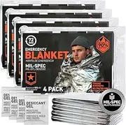 72 HRS MIL-SPEC Emergency Space Blankets Mylar Survival Thermal Blankets for Camping, Hiking, Marathon, First Aid, Extreme Weather, Shelter (4-Pack)