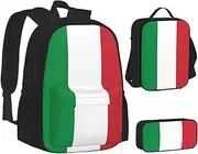 [ERCgad] Italy Flag Print Canvas 3-In-1 School Bags Set Backpack Lunch Bag Pencil Case Combo For Men Women, Black, One Size