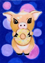 ACEO Original Art Drawing Pig, Doughnut