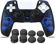 Laser Carving Silicone Skin for PS5 Controller x 1(Skulls Blue) with Exclusive Thumb Grips x 8