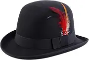 [Michear] Hard Felt Bowler Hat Wool Bowler Hat with Feather Satin Lined for Man Woman