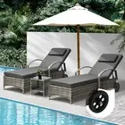 Livsip 2x Wheeled Sun Lounger Day Bed W/ Table Outdoor Setting Patio Furniture