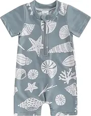 [BemeUSWT] Baby Boy Swimming Costume Baby Swimsuit 3 6 12 18 Months Infant Toddler Boys Swimwear Rash Guard Zipper One Piece Short Sleeve Beach Bathing Suits Wetsuit