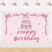 Fangleland Retro Pink Coquette Birthday Party Backdrop 5x3ft, Happy Birthday Decorations for Girls Women Photography Background for Bow Theme Party Supplies