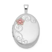 Sterling Silver Rhodium-Plated Enamel Floral 19mm Oval Locket