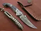 Custom Made Damascus Steel Folding Knife With Horn Handle Exellent Birthday Gift