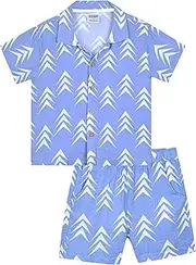 [Quicksand] Boys 2 Pieces Summer Beach Outfits Short Sleeve Button Down Shirts and Shorts Vacation Texture Sets for Kids, Indigo Blue Arrow Print, 3 Years