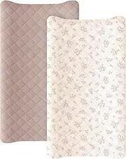 Konssy Waterproof Muslin Changing Pad Cover 2 Pack, Quilted Cotton Fitted Diaper Changing Table Cover, Soft Changing Pad Sheets for Girls Boys (Soft Blooms,Taupe)