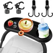 Universal Stroller Snack Tray with Cup Holder, Removable Stroller Food Tray with Adjustable Buckle and Hooks, Non-Slip Grip Clip for Stroller Bar, Multifunction Stroller Snacks Holder for Baby