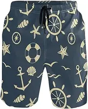 [GuoChe] Swim Trunks for Mens Nautical Pattern Navy Blue Quick Dry Swimwear Board Shorts Mens Swim Trunk Bathing Suits Mesh