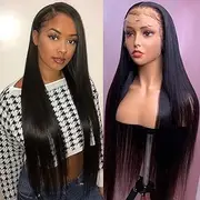 Lace Front Wigs High temperature fiber wig Straight 13x4 HD Transparent Lace Front Wig Pre Plucked 150% Density Brazilian Virgin Lace Frontal Wigs for Black Women Natural Color (24 INCH)
