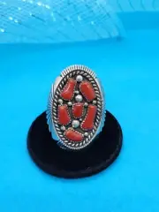 Navajo, Native American CORAL Cluster Nugget RING (8) signed by Kenneth Jones