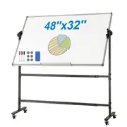 Rolling Whiteboard, 48x32 inch Double-Sided Magnetic Mobile Whiteboard, 360° Reversible Adjustable Height Dry Erase Board with Wheels & Movable Tray for Office