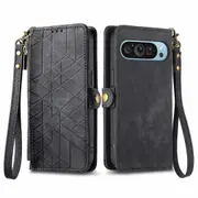 Leather Case for Google Pixel 9, Zipper Pocket Wallet Geometry Flip Phone Cover