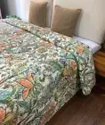 Kantha White Floral Quilt Bohemian Decor Bedding Bedspread Indian Vintage Throw