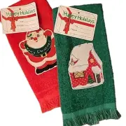 Vintage Christmas Hand Dish Towel Santa Embroidered Cotton Fringe Set Franco NWT