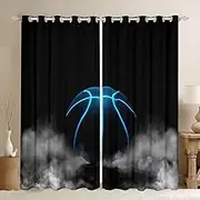 Basketball Window Curtain,Neon Blue Glowing Basketball Curtains,Ball Sports Window Treatment Curtain for Kids Boys Teens Room Decor,Fashion Modern Foggy Black Window Drapes,2 Panels,42Wx90L