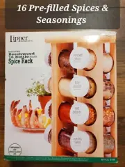 NEW Lipper 16 Jar Pre-filled Spice Rack Revolving Seasoning Shelf Beechwood