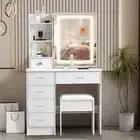 Vanity Makeup Dressing Table With LED Bulbs Mirror 6 Drawer Cushion Stool White