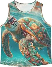 [RPLIFE] Sleeveless Tank Top for Boys, Sport Breathable Tank Undershirt for Kids, Boho Sea Turtle, 3-15 Y