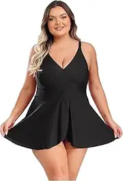 [Fldy] Women Plus Size Swimsuit Sleeveless Tummy Control Swim Dress Adult One Piece A-line Dress Swimwear