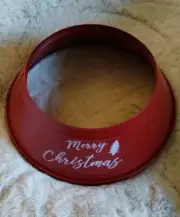 Red Metal Tin TREE COLLAR SKIRT TABLETOP Script " Merry Christmas" mini NEW 9"