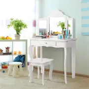 CostwayKids Dressing Table Set with Stool &amp; Mirror for Children Ages 3-7-White