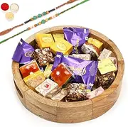 Jaiccha Ghasitaram Rakhi Gifts for Brothers Round Printed Tray of Assorted Bites and Cookies with 2 Green Beads Rakhis